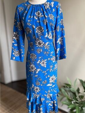 Maggy London Blue Floral Long-Sleeve Midi Dress with Ruffle Hem